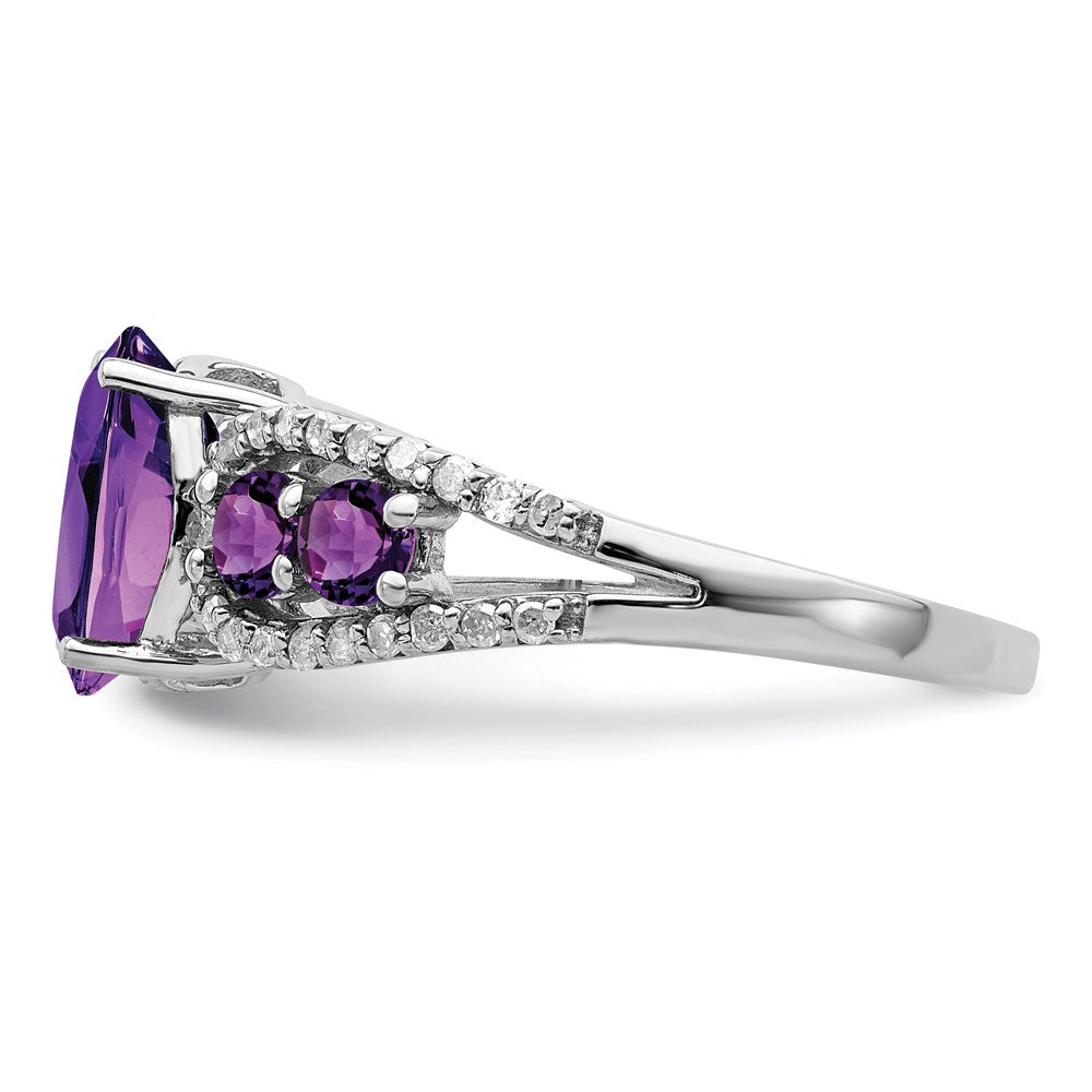Sterling Silver Rhodium-plated Amethyst & Oval Diamond Ring