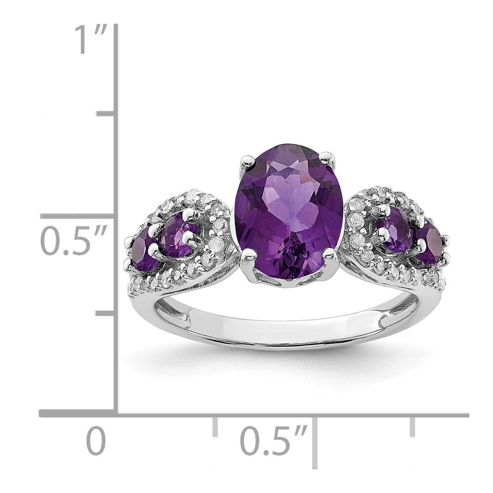 Sterling Silver Rhodium-plated Amethyst & Oval Diamond Ring