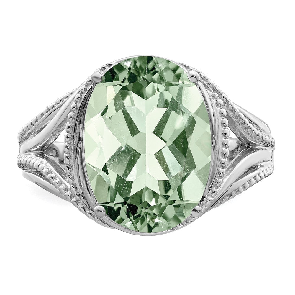 Sterling Silver Rhodium Oval Green Quartz Ring