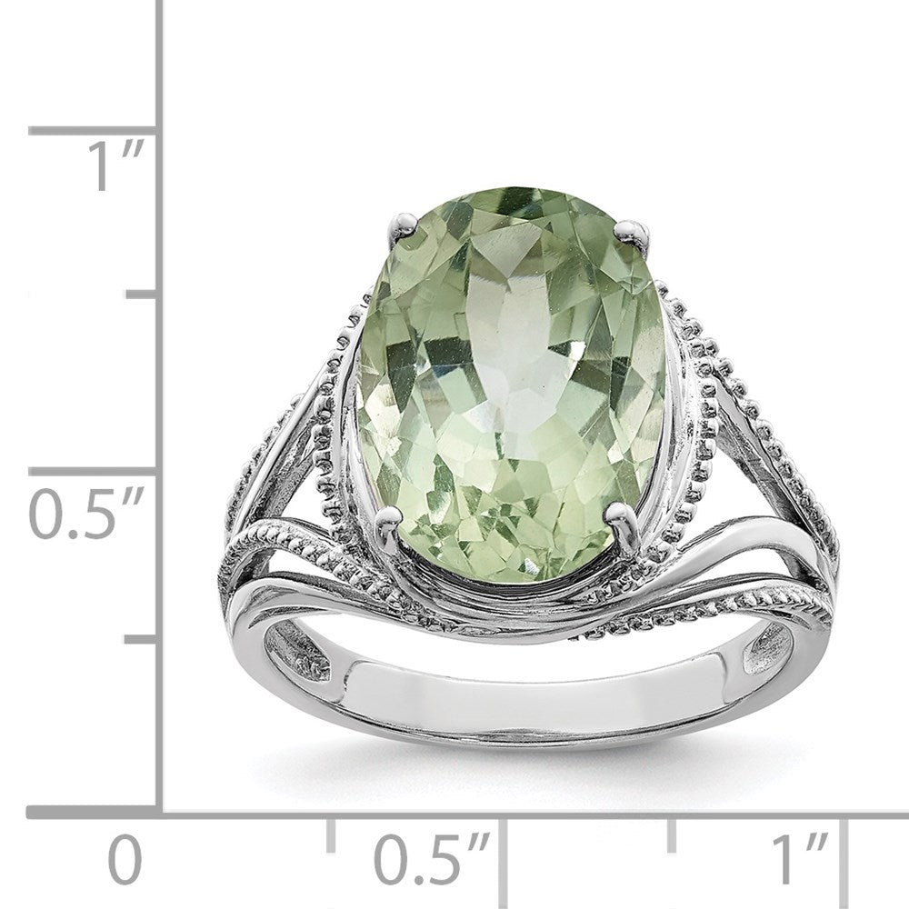 Sterling Silver Rhodium Oval Green Quartz Ring