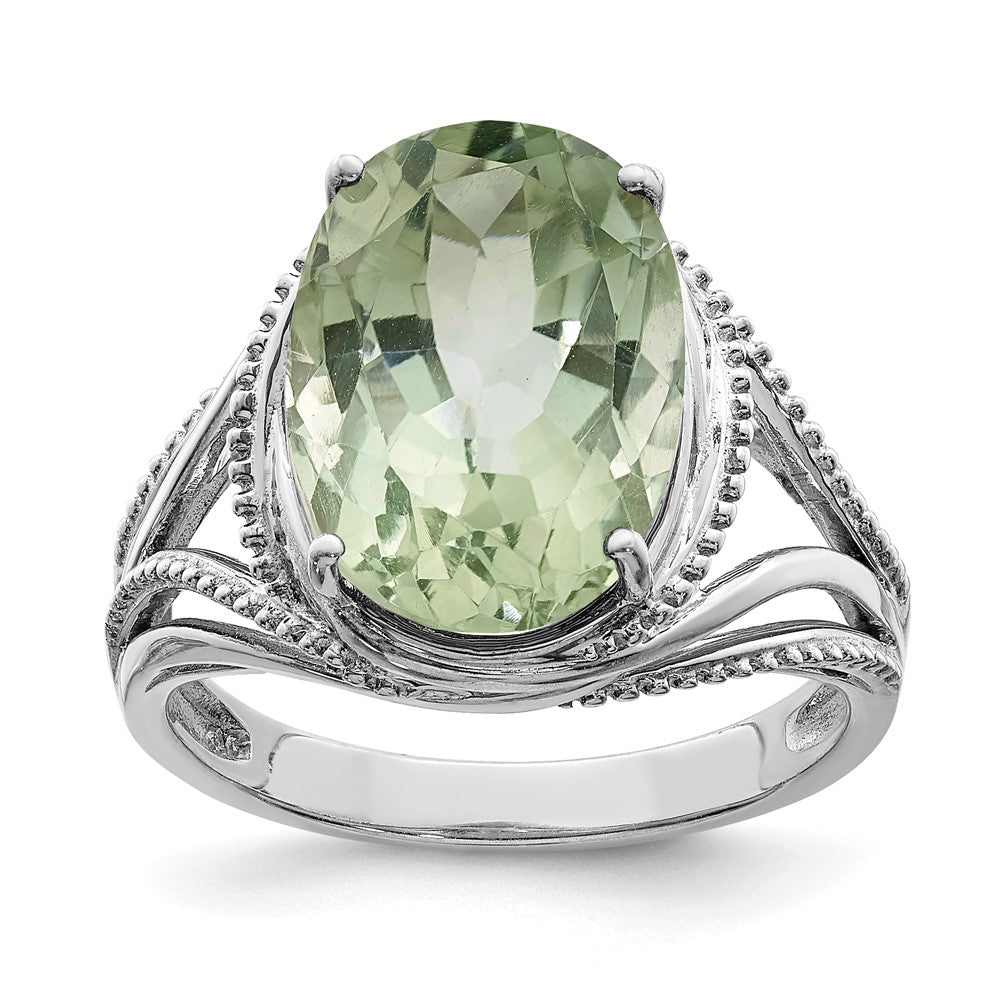 Sterling Silver Rhodium Oval Green Quartz Ring