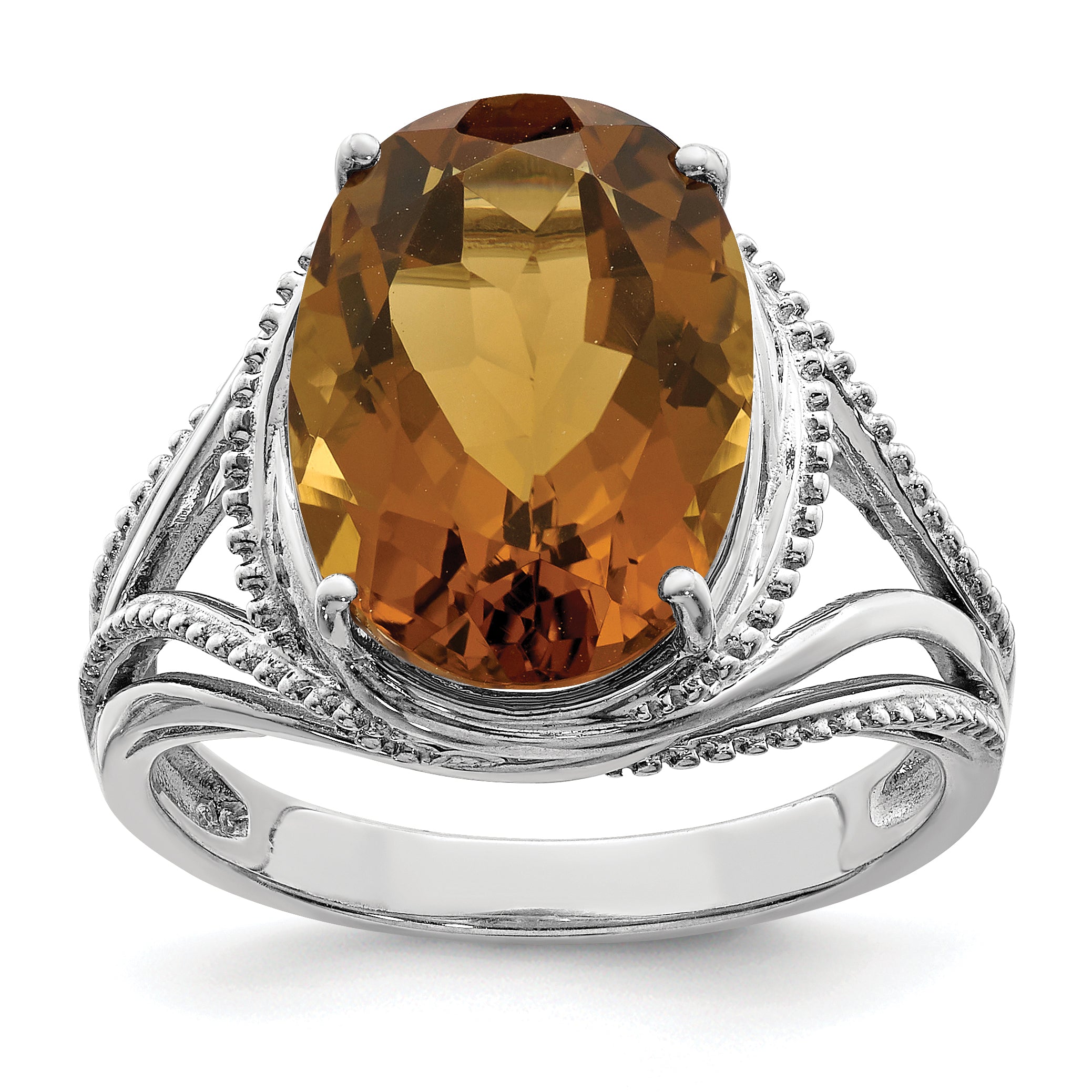 Sterling Silver Rhodium Oval Whiskey Quartz Ring