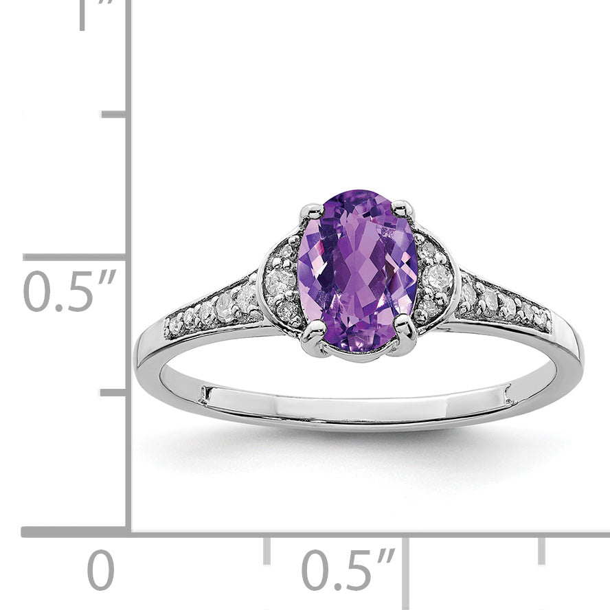 Sterling Silver Rhodium-plated Oval Diamond & Amethyst Ring