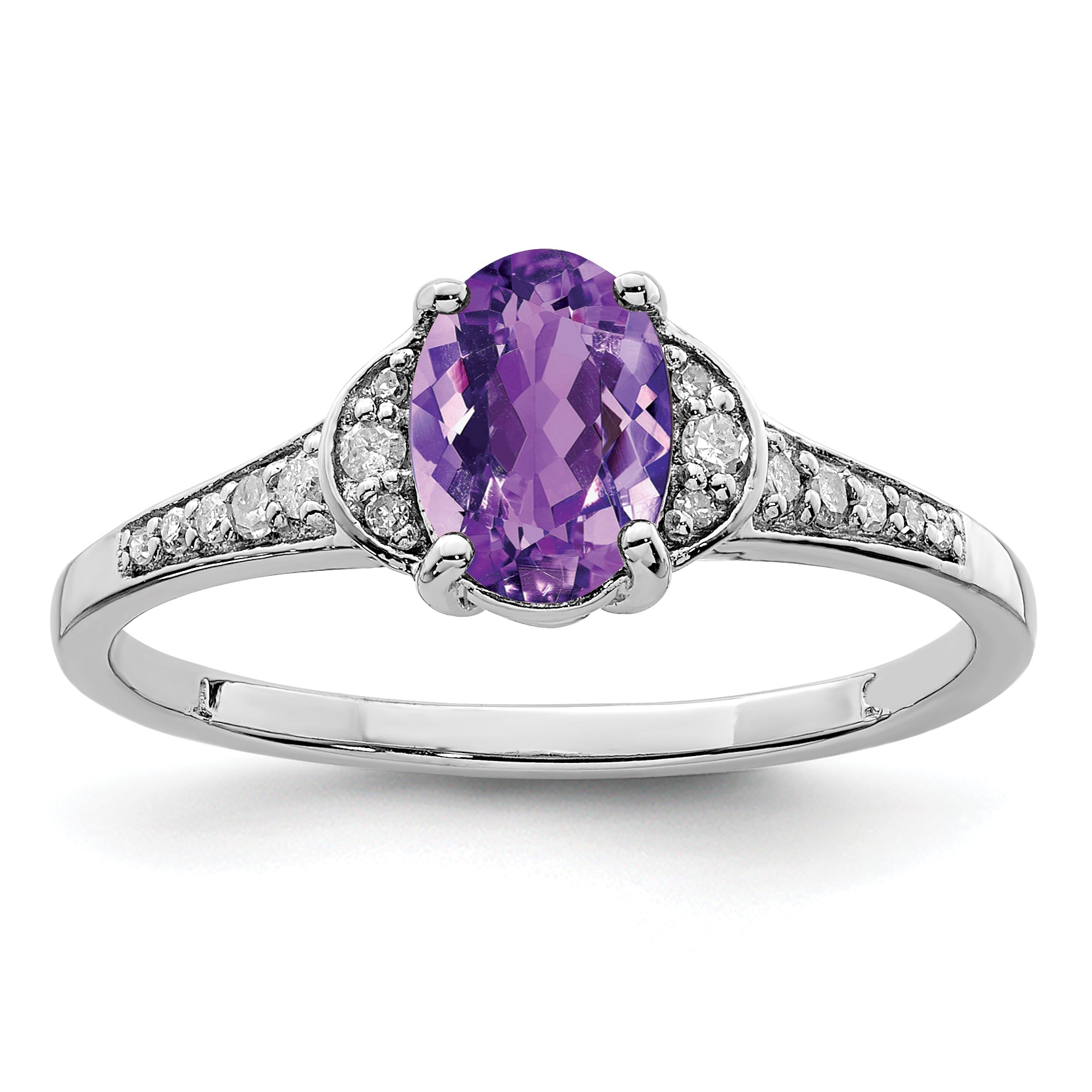 Sterling Silver Rhodium-plated Oval Diamond & Amethyst Ring