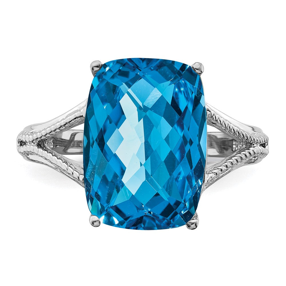Sterling Silver Rhodium Checker-Cut Blue Topaz Ring
