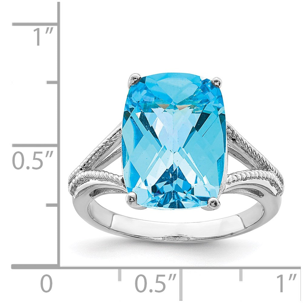 Sterling Silver Rhodium Checker-Cut Blue Topaz Ring