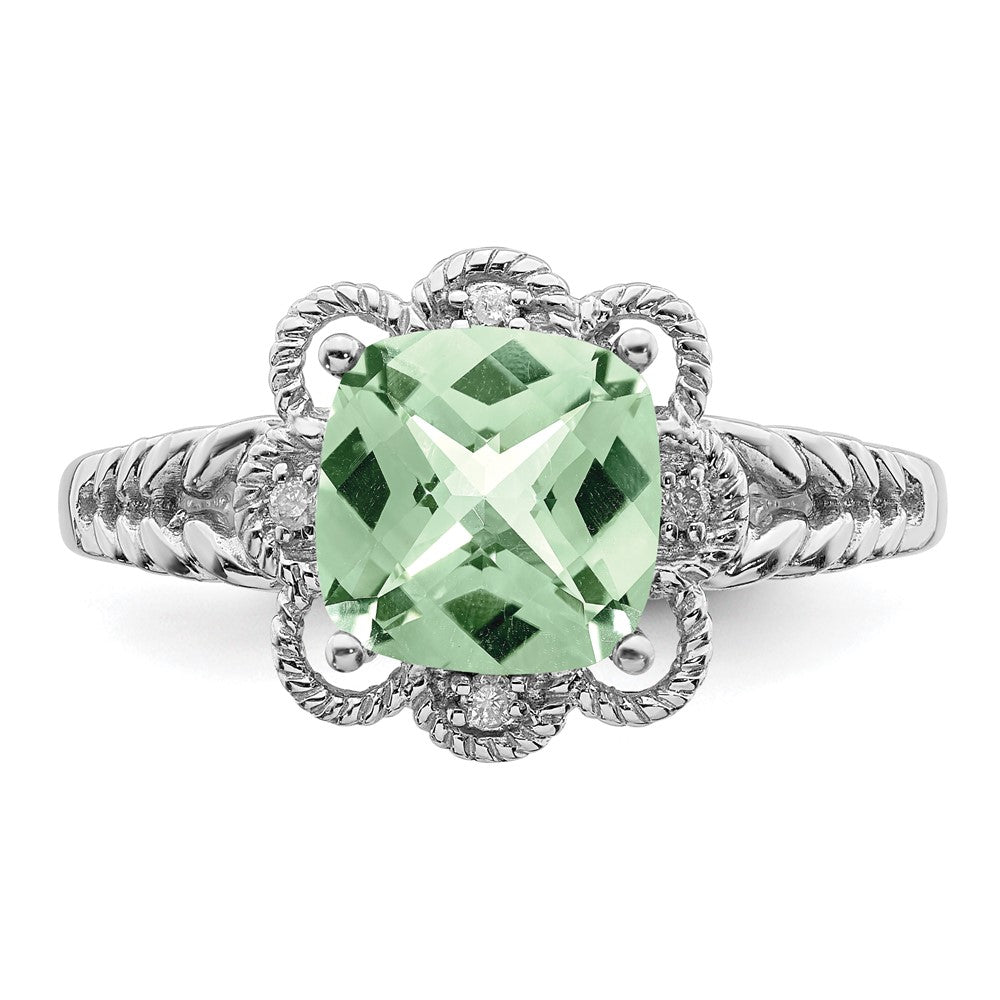 Sterling Silver Rhodium Checker-Cut Green Quartz & Diam. Ring