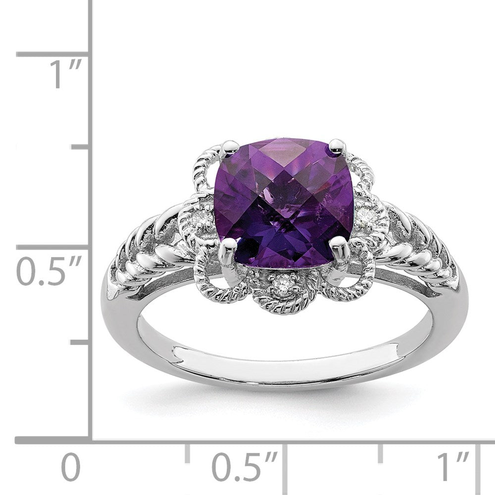 Sterling Silver Rhodium-plated Checker-Cut Amethyst & Diamond Ring