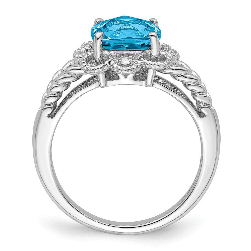 Sterling Silver Rhodium Checker-Cut Blue Topaz & Diam. Ring