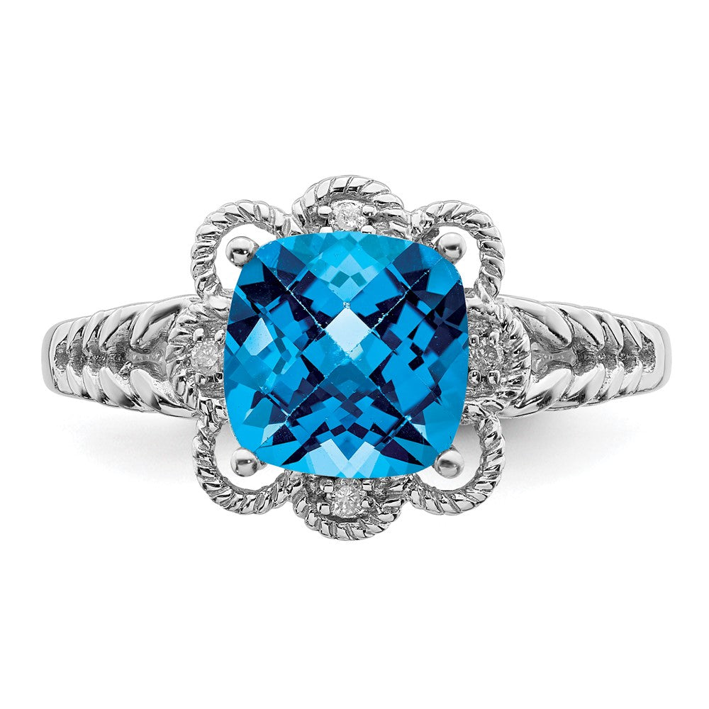Sterling Silver Rhodium Checker-Cut Blue Topaz & Diam. Ring