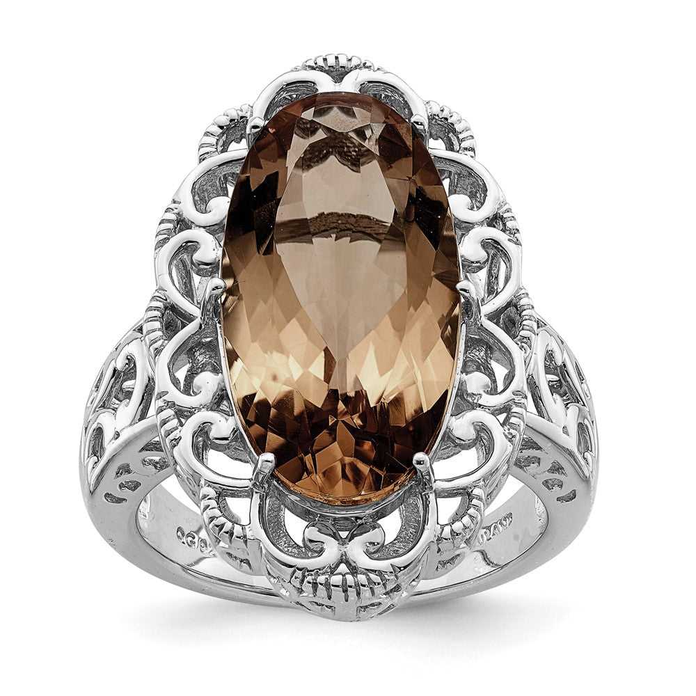 Sterling Silver Rhodium Oval Smoky Quartz Ring