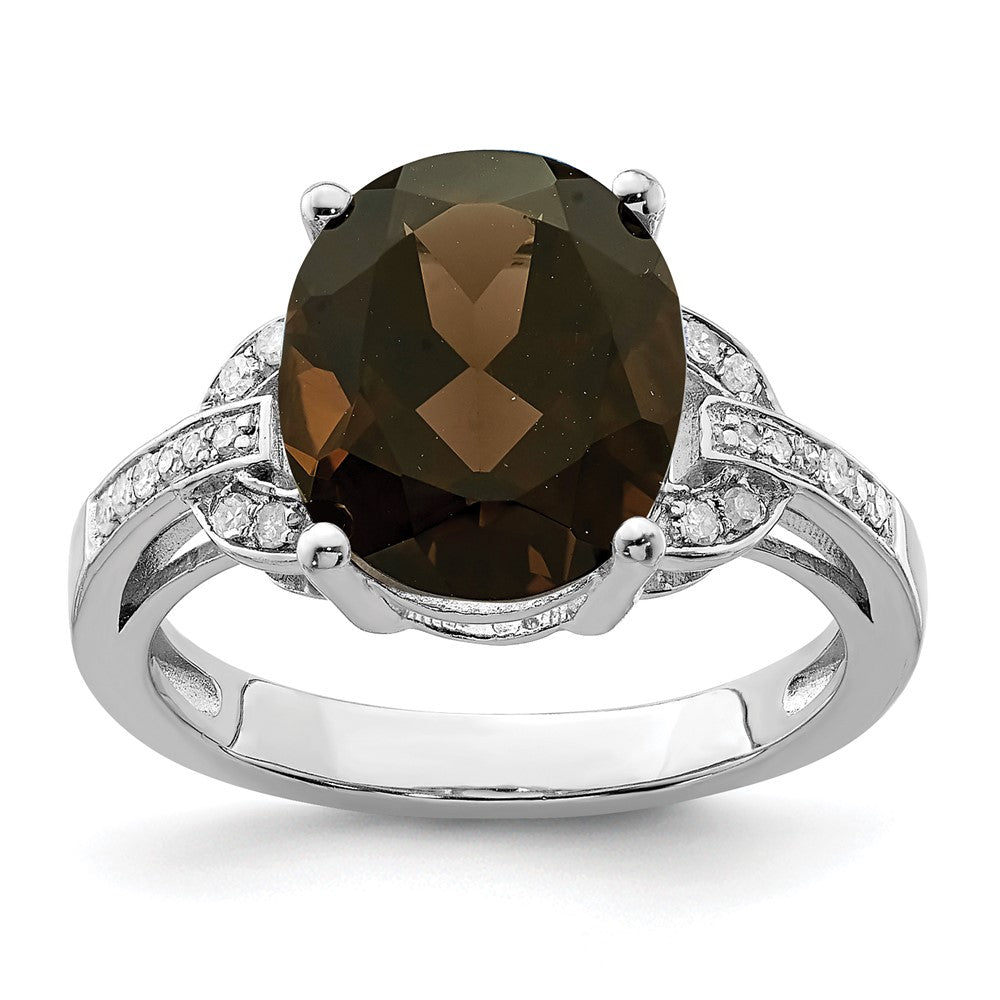 Sterling Silver Rhodium Oval Smoky Quartz & Diam. Ring