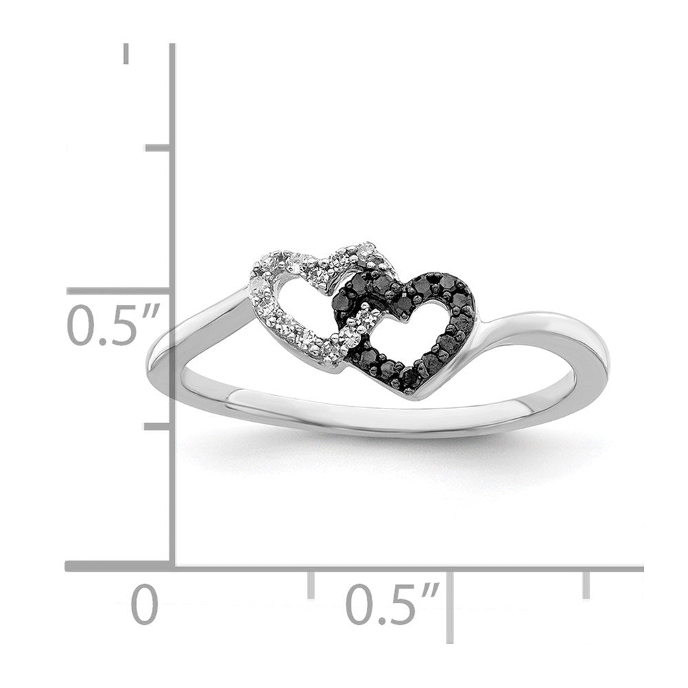 White Night Sterling Silver Rhodium-plated Black and White Diamond Double Heart Ring