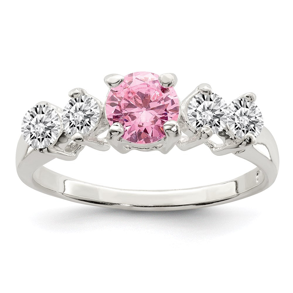Sterling Silver Pink Round CZ w/Side Stones Ring