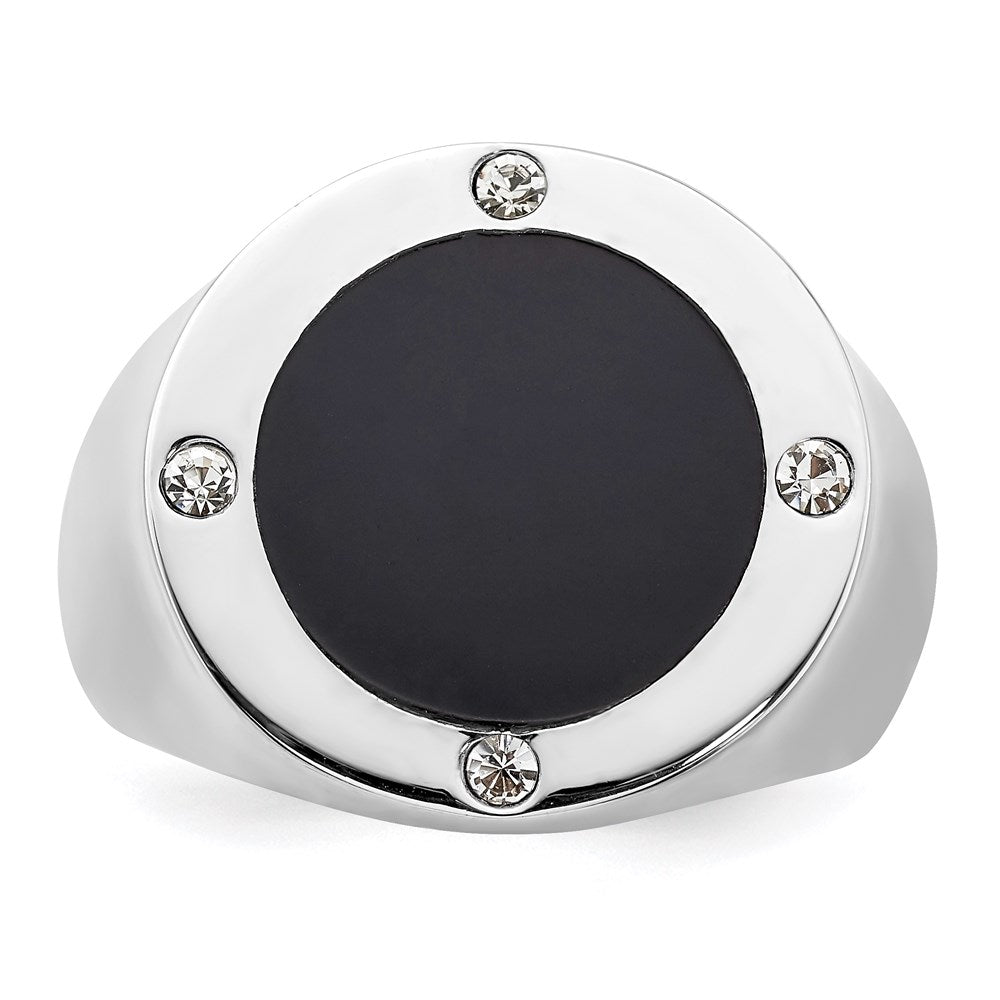 Sterling Silver Rhodium Plated Black Simulated Onyx & CZ Ring