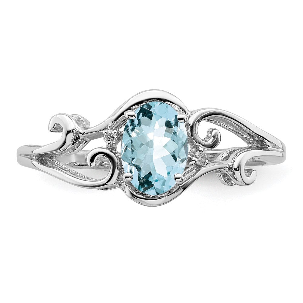 Sterling Silver Rhodium Plated Diamond & Aquamarine Oval Ring