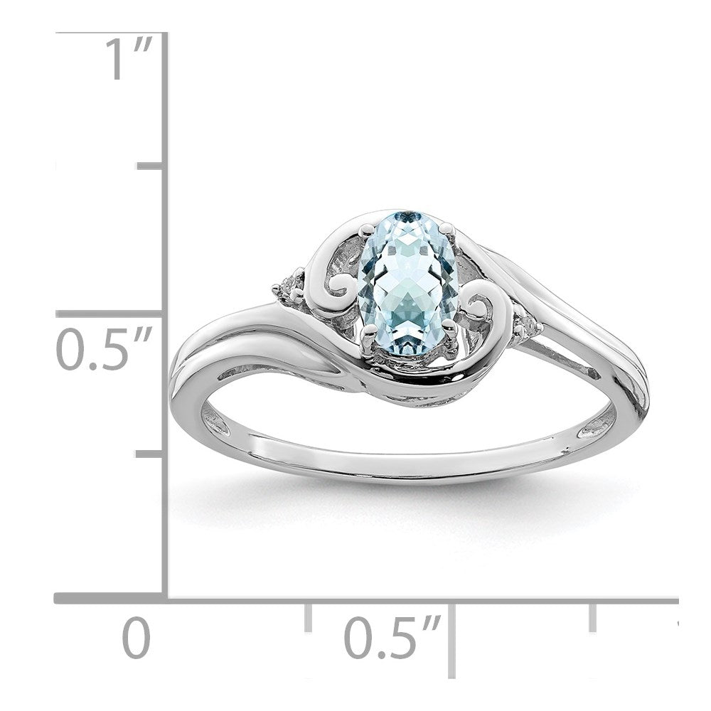 Sterling Silver Rhodium Plated Diamond & Aquamarine Ring