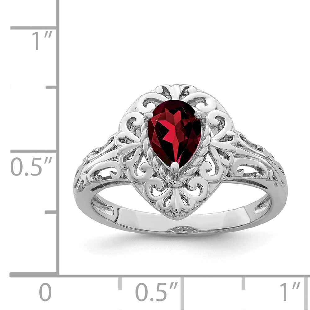 Sterling Silver Rhodium Plated Garnet Teardrop Ring