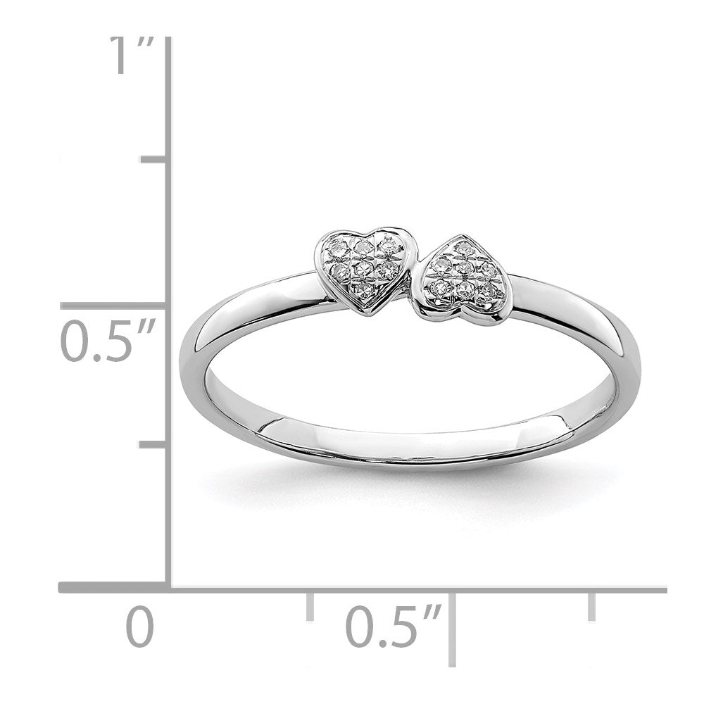 Sterling Silver Rhodium Plated Diamond Double Heart Stackable Ring