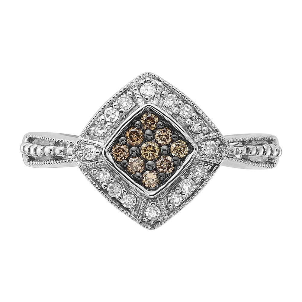 Sterling Silver Champagne & Clear Diamond & Small Diamond Shape Ring