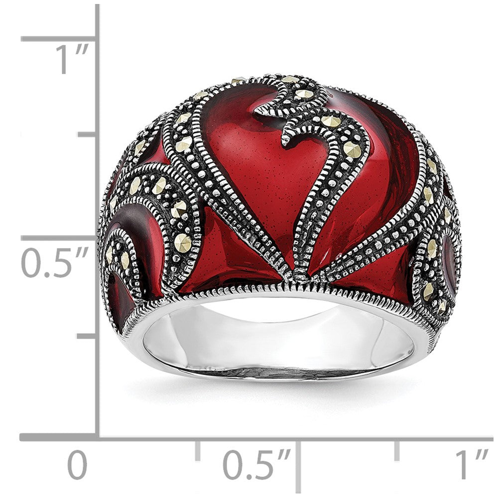Sterling Silver Polished & Antiqued Marcasite & Red Epoxy Heart Ring