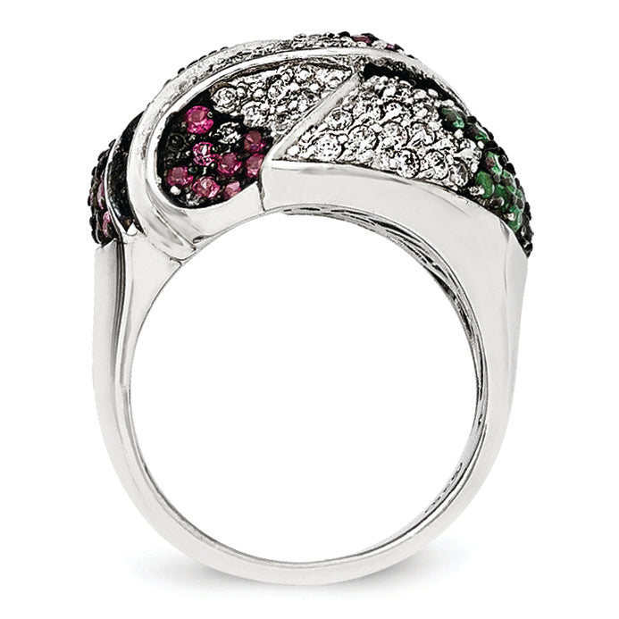 SS Black Rhodium Blue/Grn Glass Lt & Drk Synth. Ruby & CZ Ring