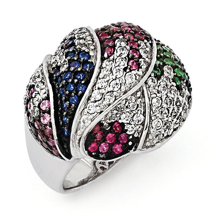 SS Black Rhodium Blue/Grn Glass Lt & Drk Synth. Ruby & CZ Ring