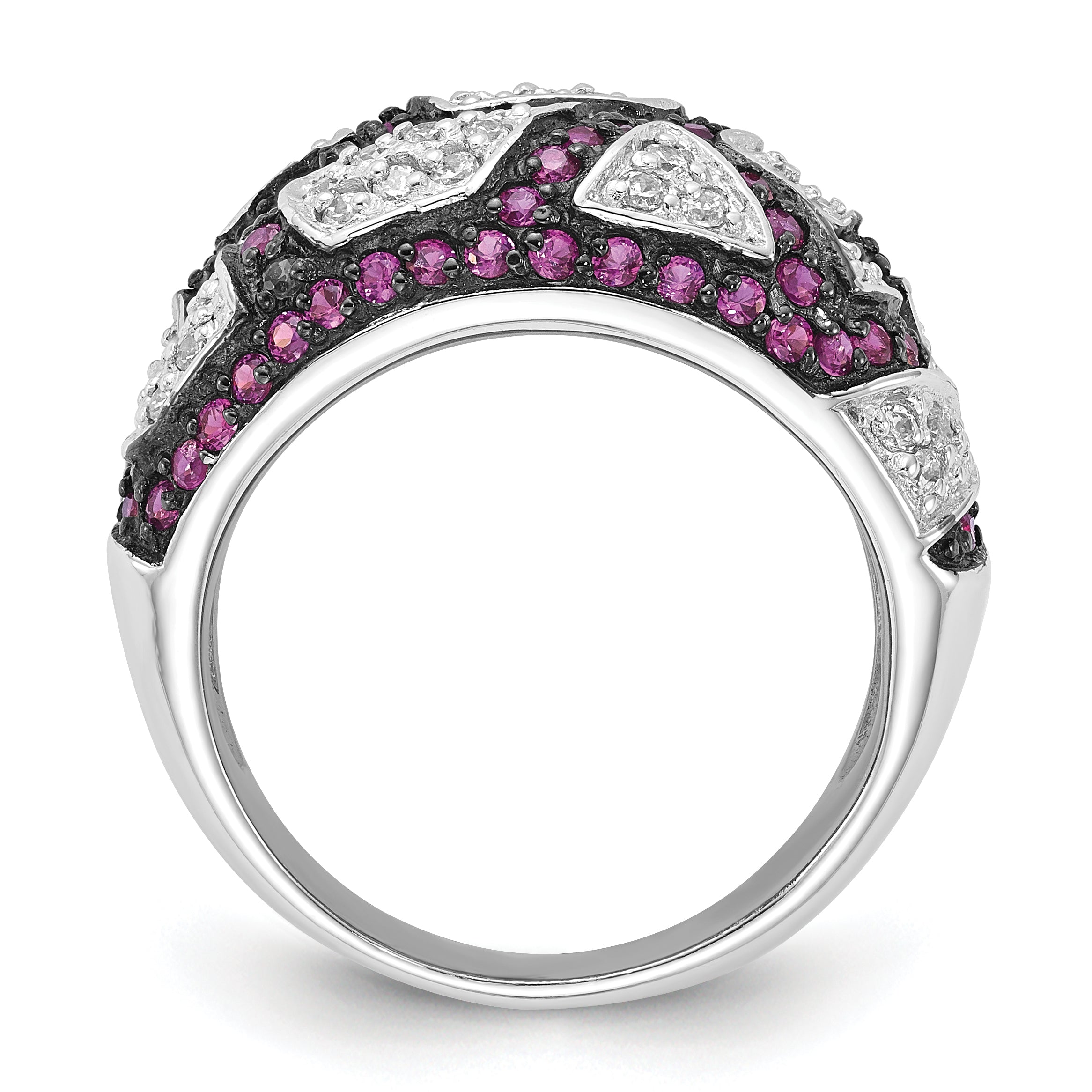 Sterling Silver & Black Rhodium Synthetic Ruby & White CZ Ring