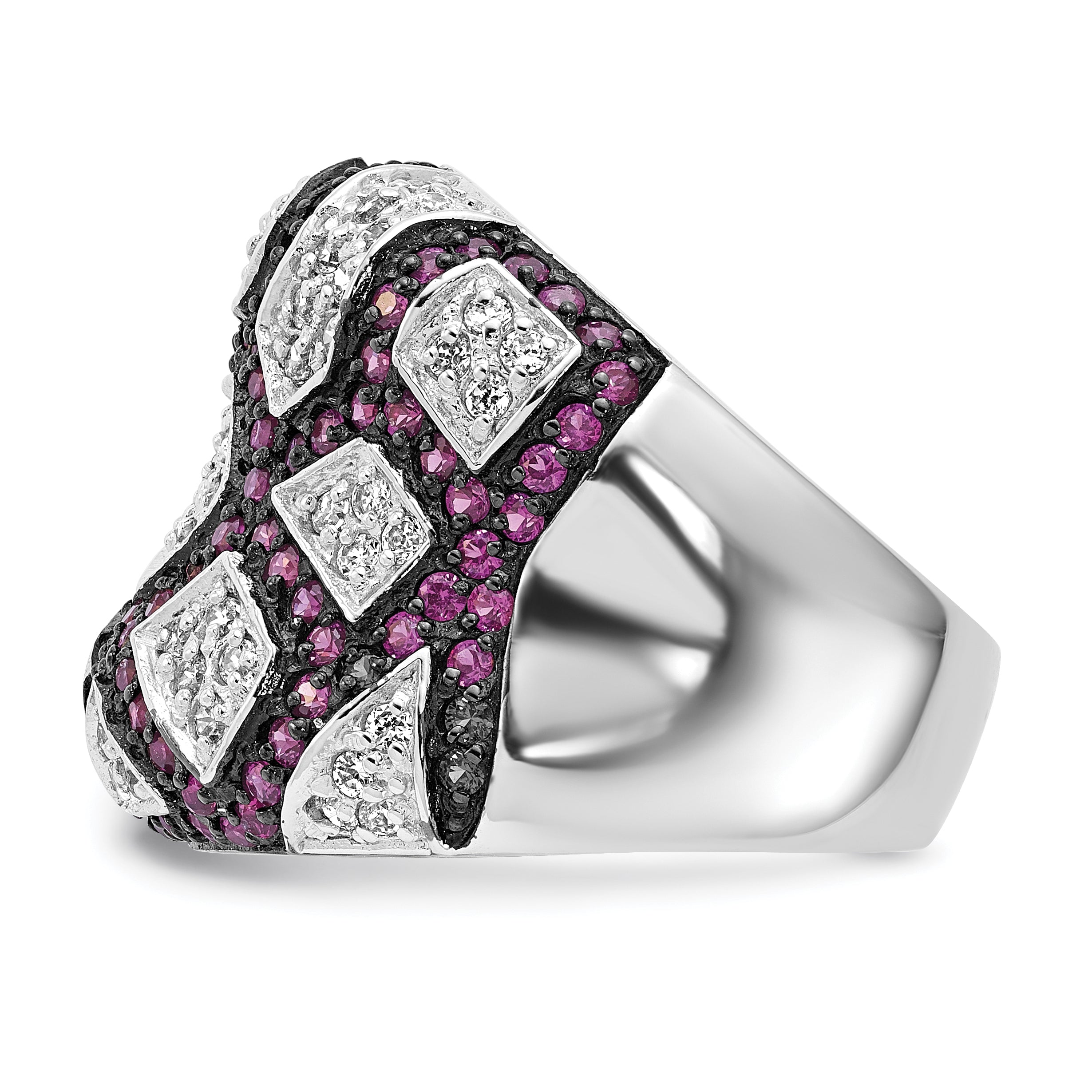 Sterling Silver & Black Rhodium Synthetic Ruby & White CZ Ring