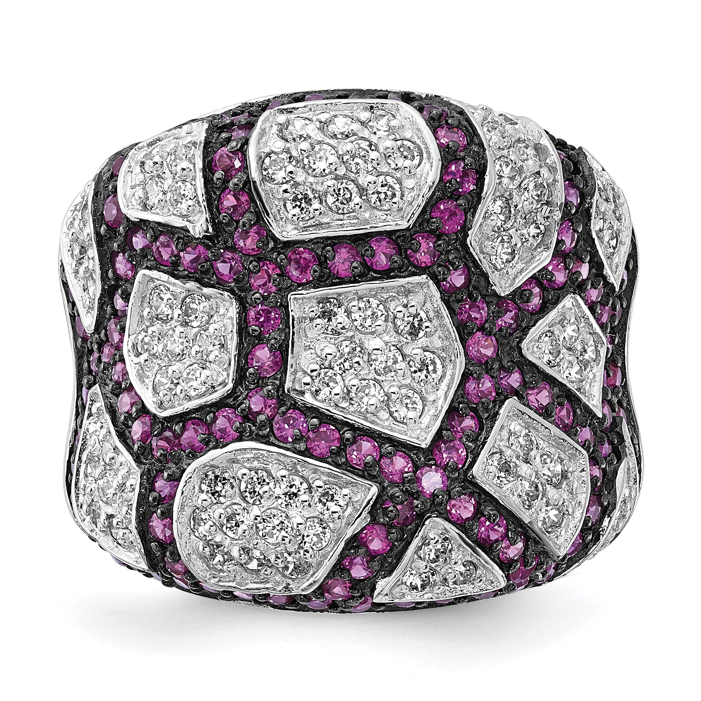 Sterling Silver & Black Rhodium Synthetic Ruby & White CZ Ring