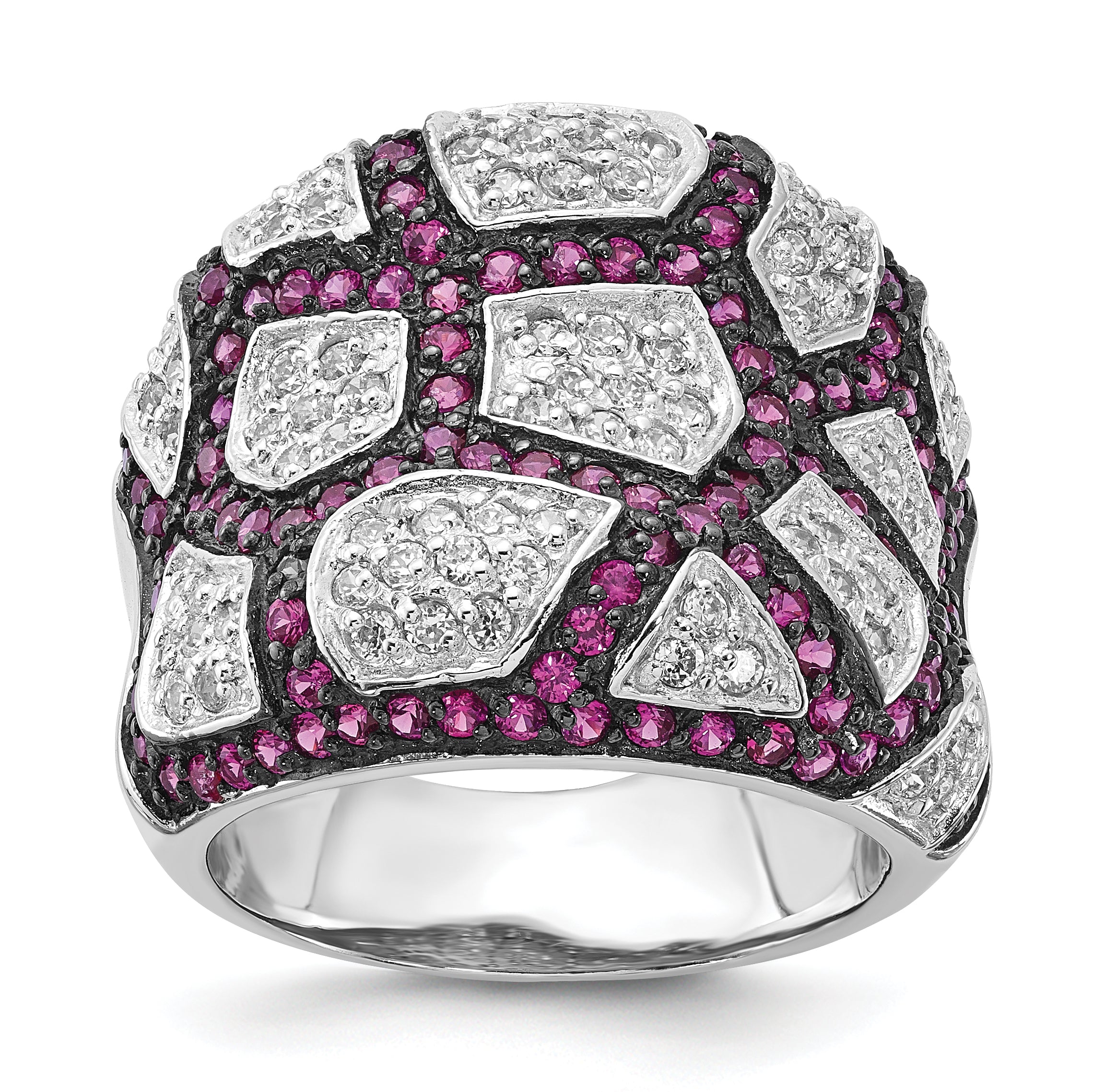 Sterling Silver & Black Rhodium Synthetic Ruby & White CZ Ring