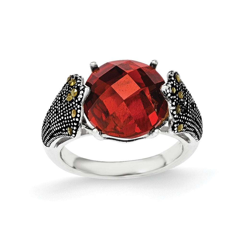 Sterling Silver Red CZ and Marcasite Ring