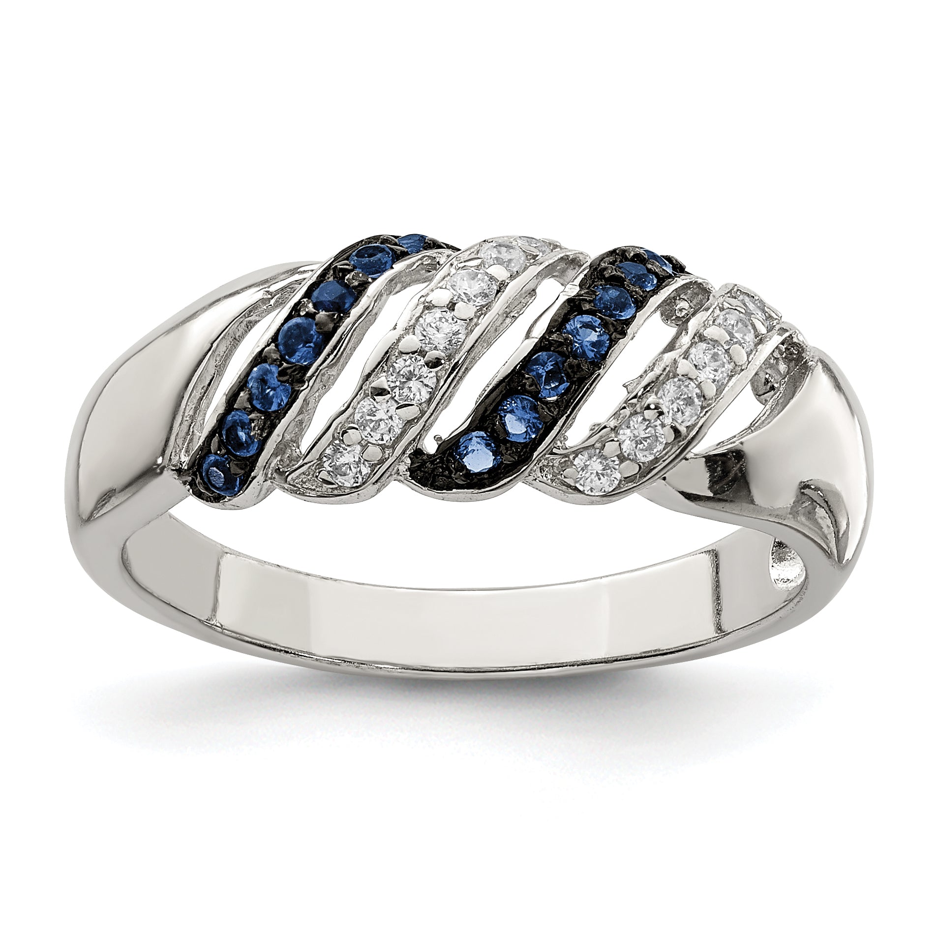Sterling Silver Rhodium-plated Polished CZ & Blue Glass Stone Ring