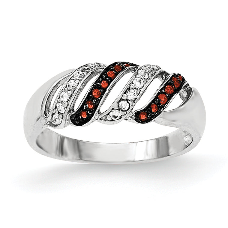 Sterling Silver Polished CZ & Red Glass Stone Ring
