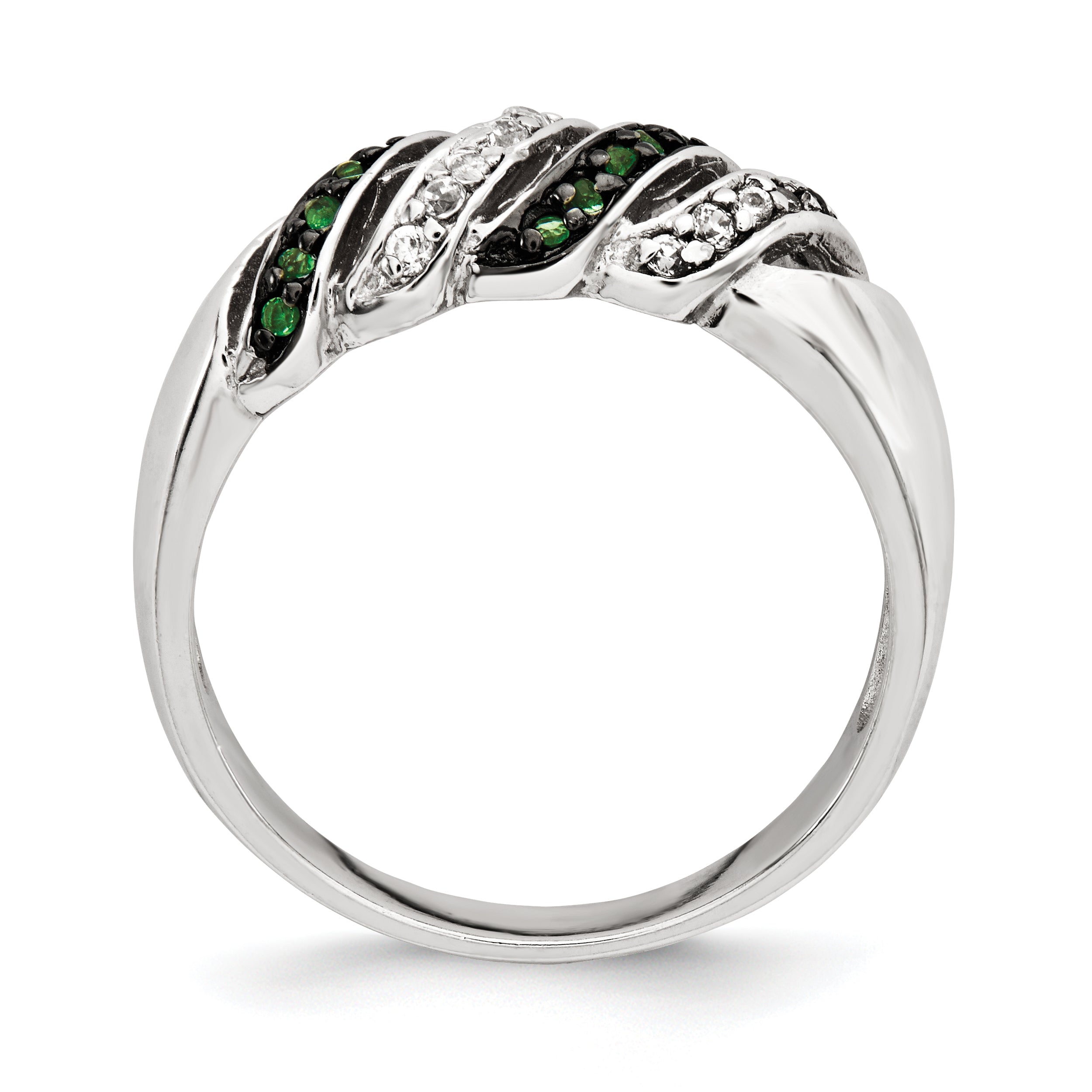 Sterling Silver Polished CZ & Green Glass Stone Ring