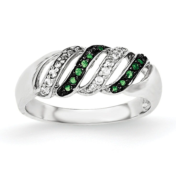 Sterling Silver Polished CZ & Green Glass Stone Ring