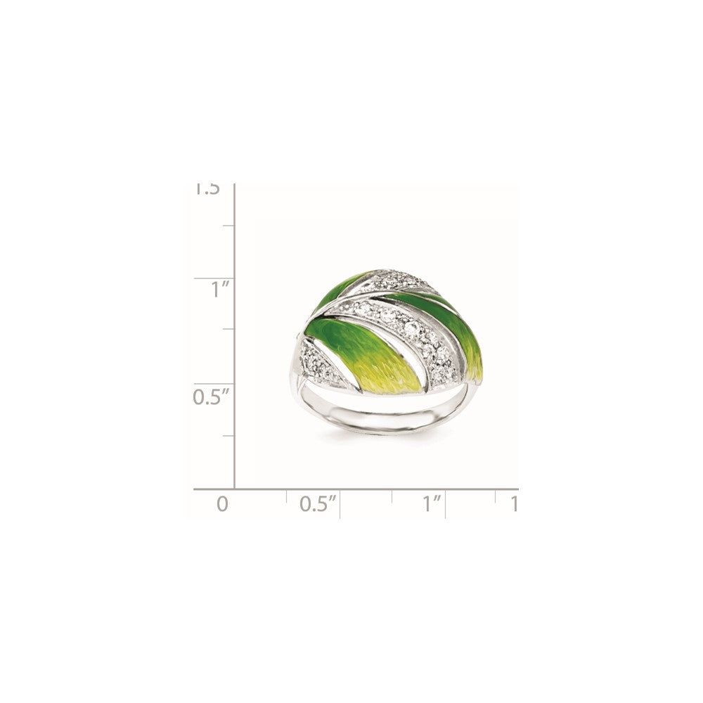 Sterling Silver Green And Yellow Enamel Leaf And CZ Ring
