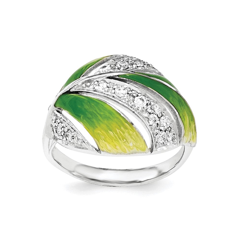 Sterling Silver Green And Yellow Enamel Leaf And CZ Ring