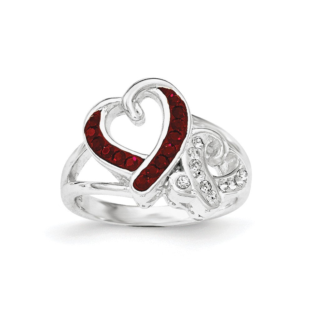 Sterling Silver Red and White Crystal Two Heart Ring