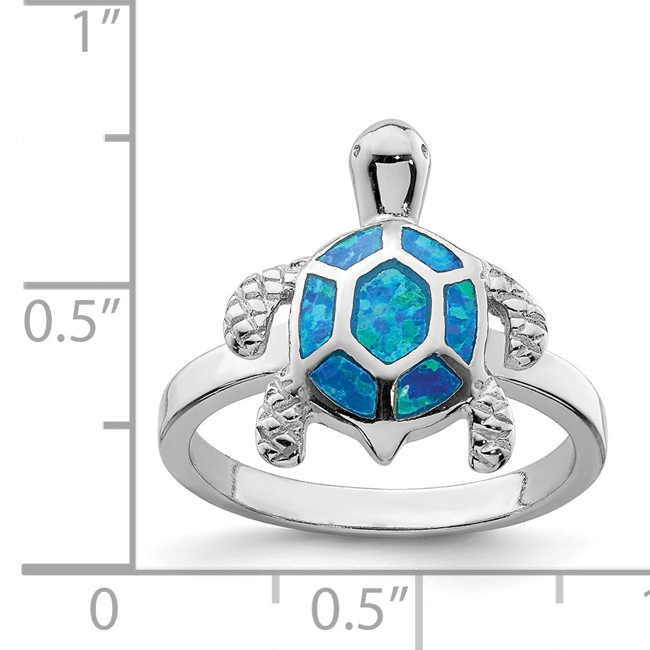 Sterling Silver Rhodium-plated Created Blue Opal Turtle Ring