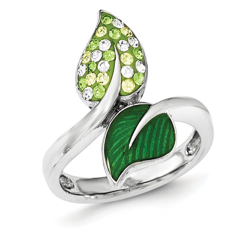 Sterling Silver Preciosa Crystal & Enameled Green Leaves Ring