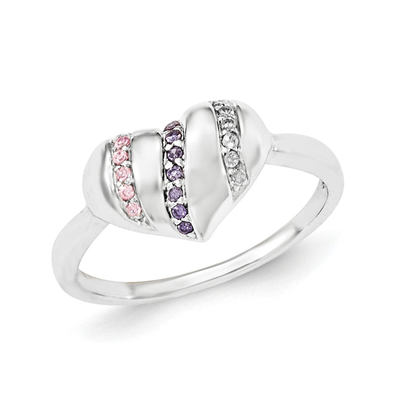 Sterling Silver Purple, Pink & Clear CZ Heart Ring