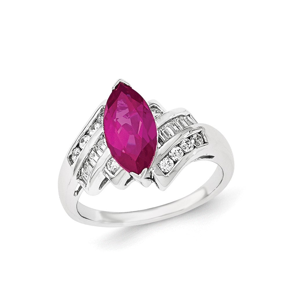 Sterling Silver Synthetic Ruby & CZ Marquise Ring