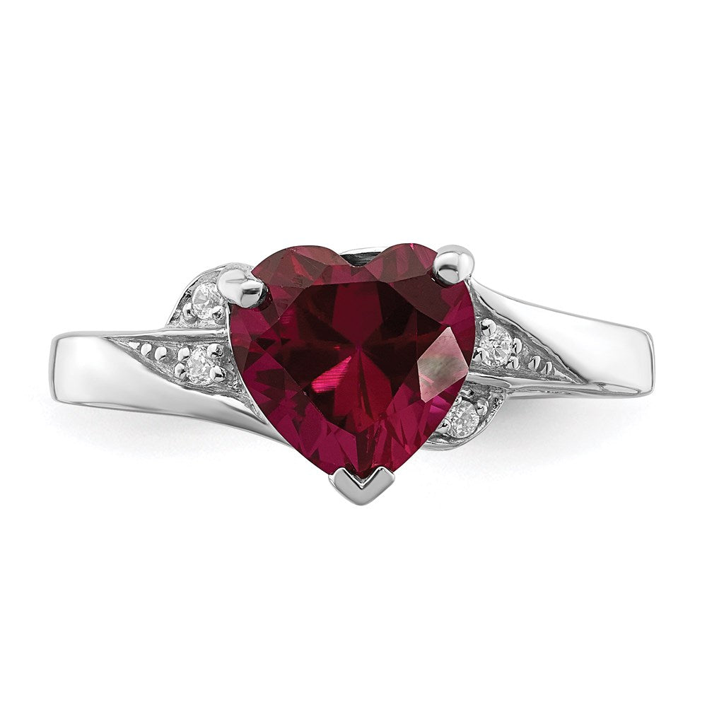 Sterling Silver Rhodium-plated CZ and Lab Cr. Ruby Heart Ring