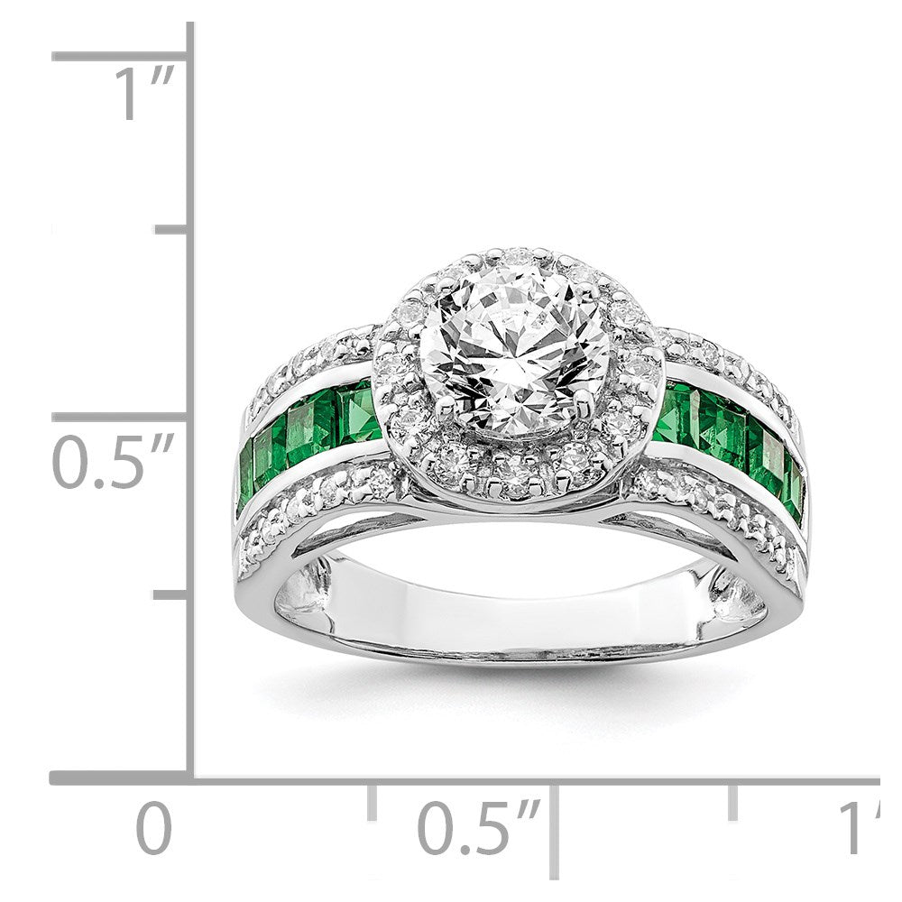 Sterling Silver Rhodium-plated CZ and Lab Created Emerald Ring