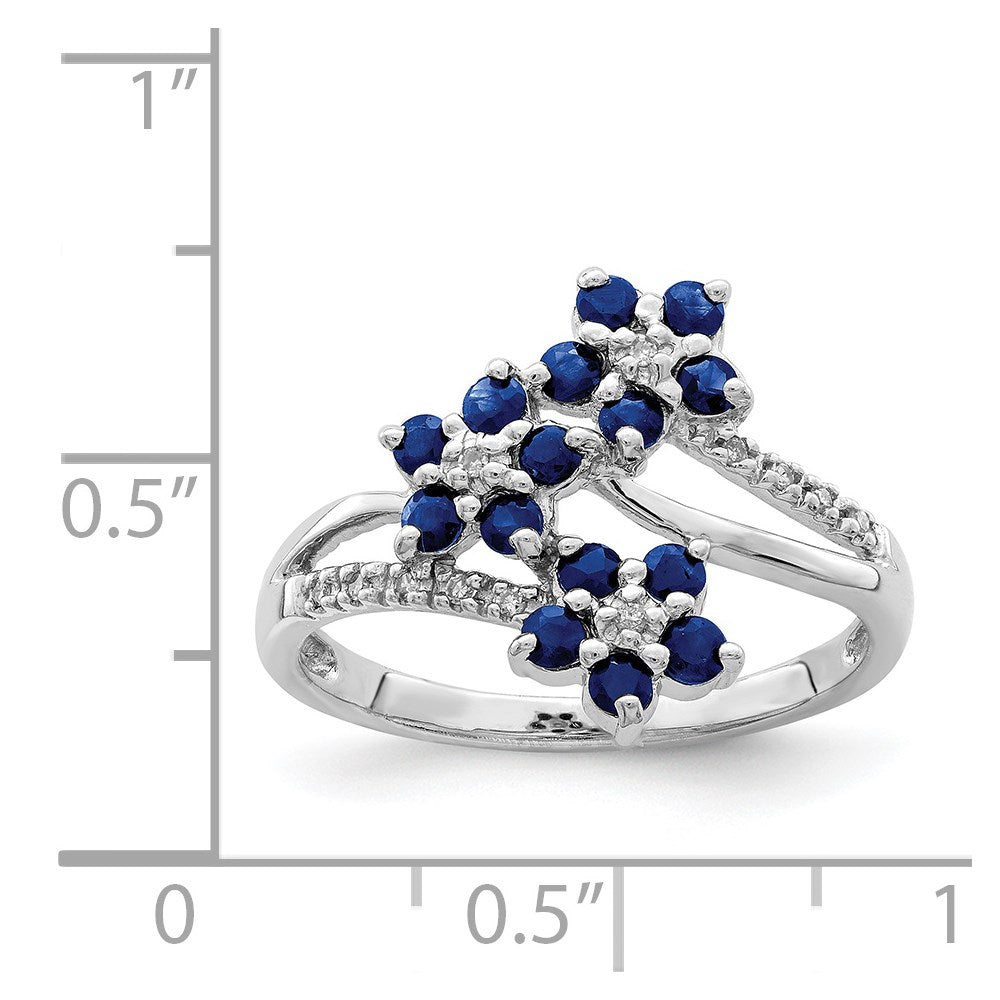 Sterling Silver Rhodium-plated 3 Flower Sapphire and Diamond Ring