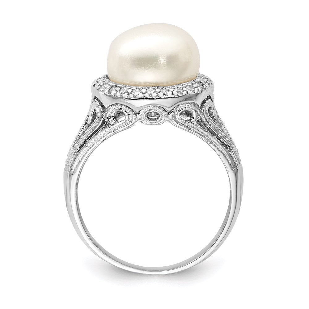 Sterling Silver Rh-plated 10-11mm White FW Cultured Pearl and CZ Ring