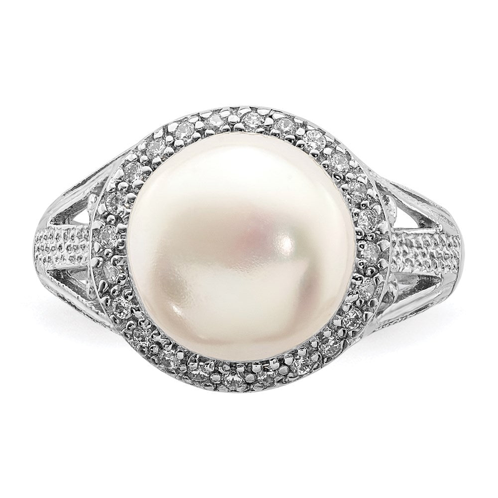Sterling Silver Rh-plated 10-11mm White FW Cultured Pearl and CZ Ring