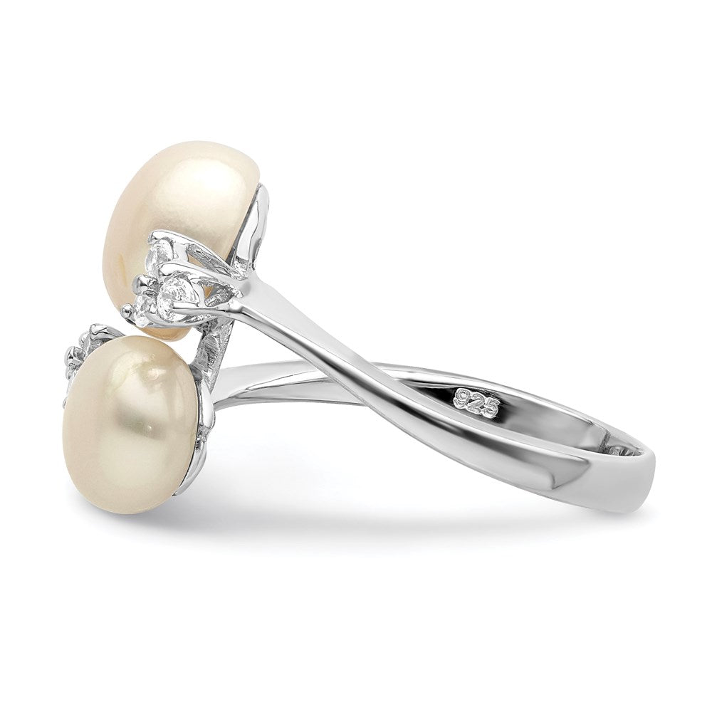 Sterling Silver Rhodium-plated 8-9mm White 2-FWC Pearl and CZ Ring