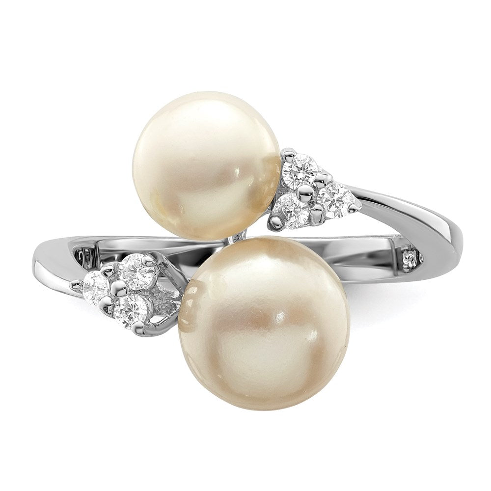 Sterling Silver Rhod-plated 8-9mm White 2-FW Cultured Pearl and CZ Ring